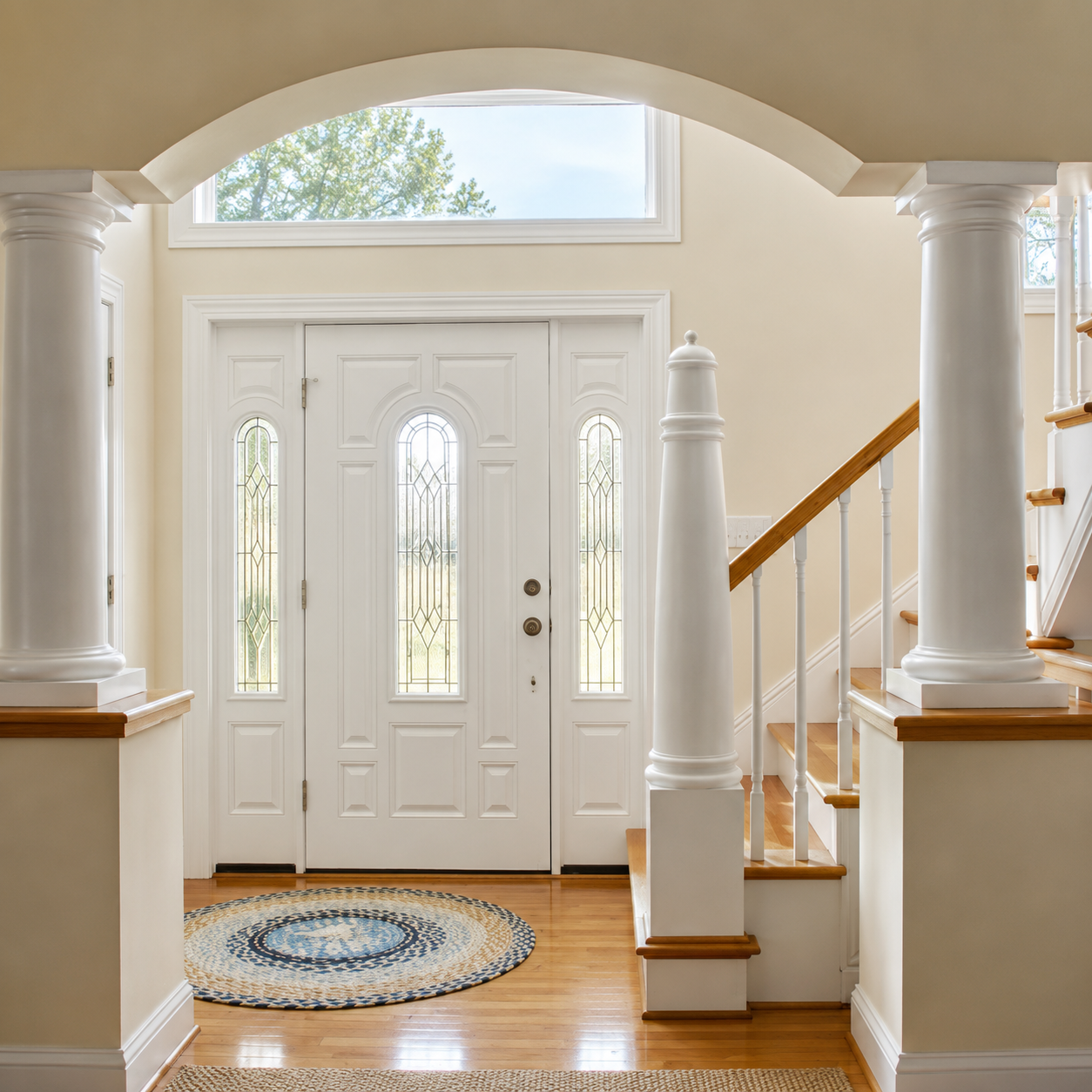 Columned foyer and front entry inside the Turret and Arch residence