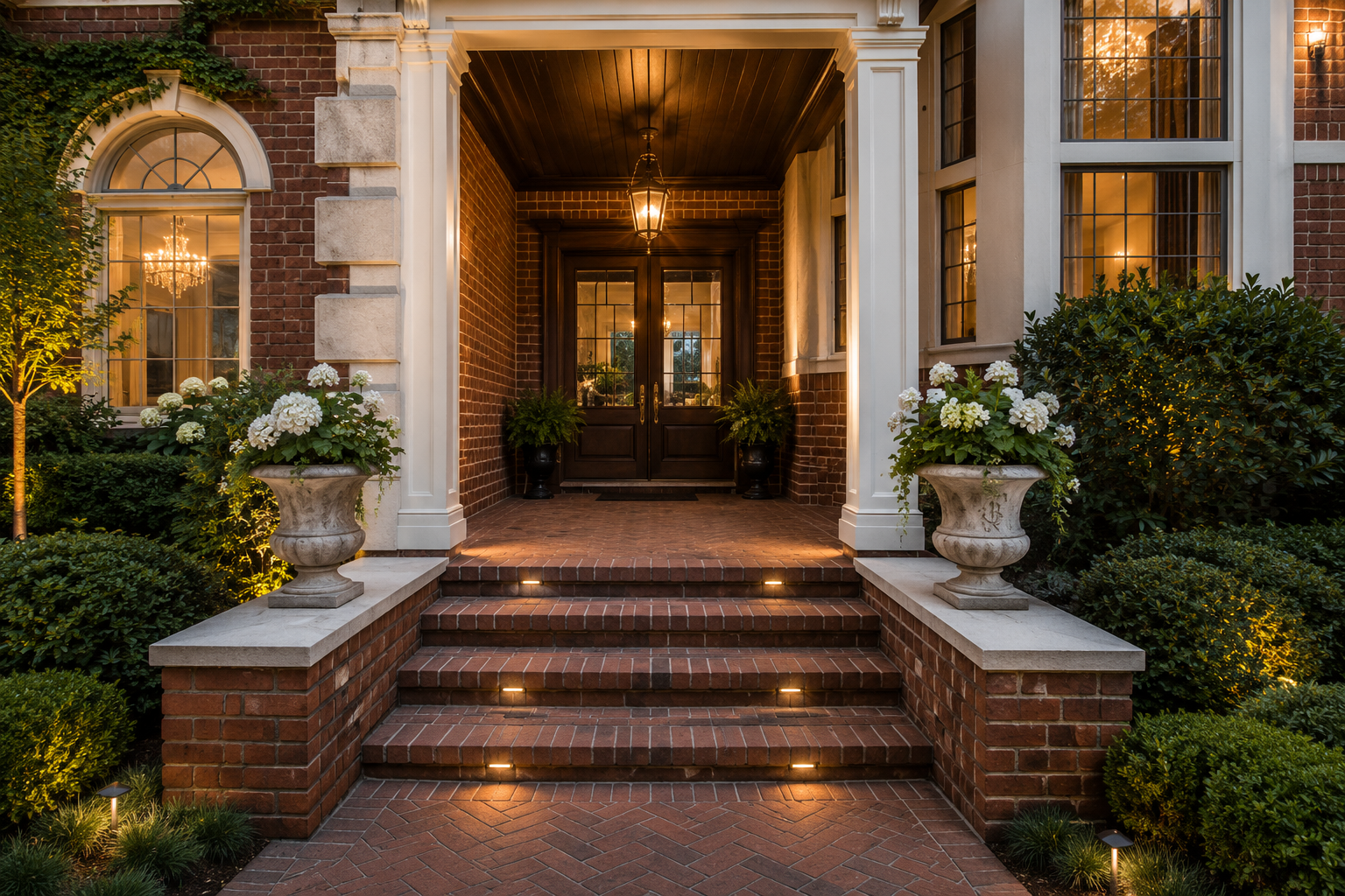 Brick entry porch and front doors of the Danneker residence